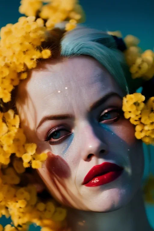 Eva Herzigova Harley Quinn underwater with yellow flowers for hair, closed eyes, rtx, reflection, 8k, glow, winning photography, caustics