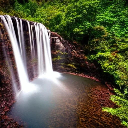 Cybeepunk picture, fantasy, three water falls, highest peak island, rocky