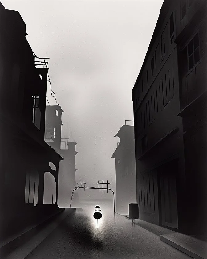 Dark street night figure fog odd Yves Tanguy spooky colors