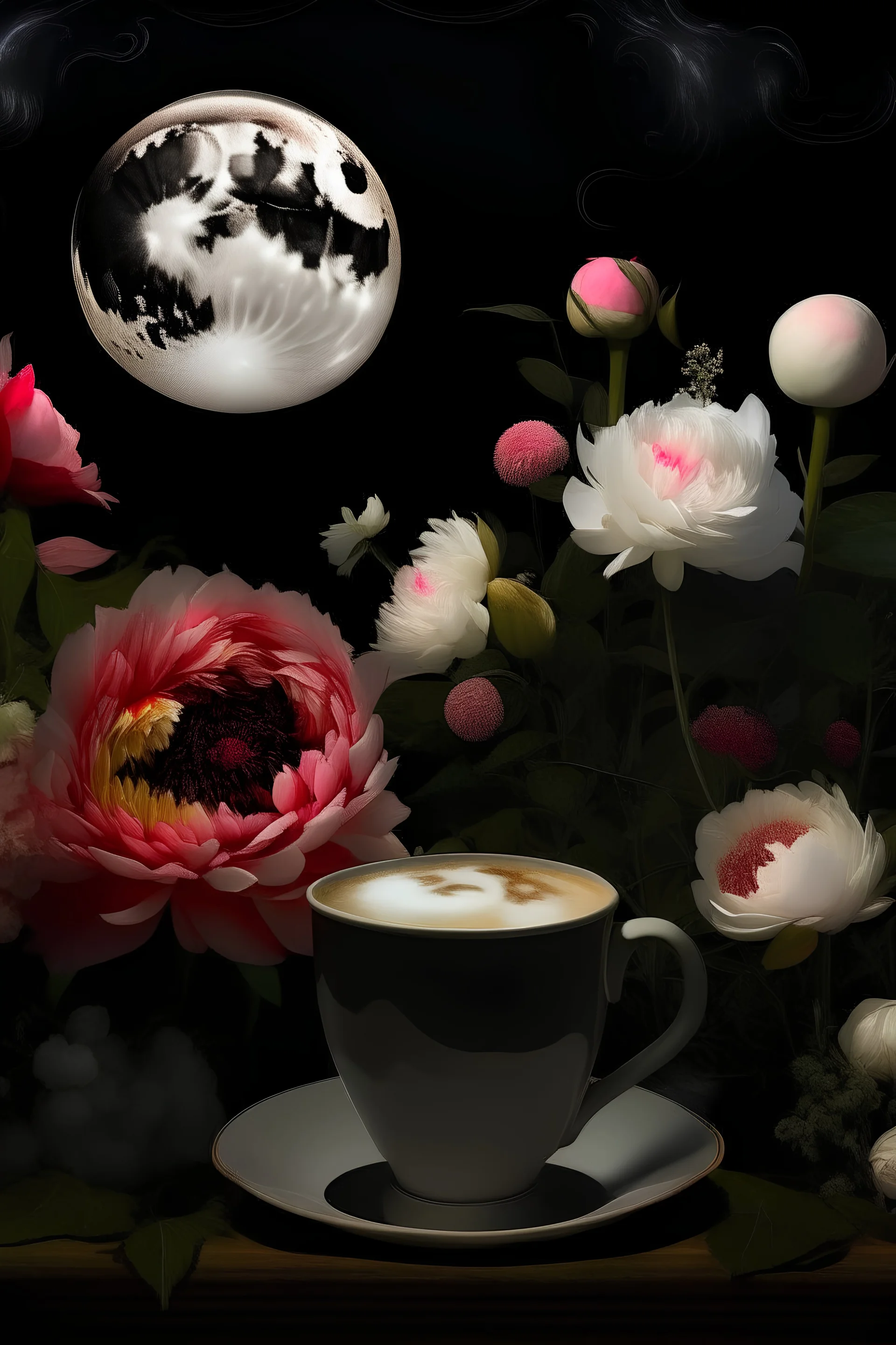 crescwnt moon against a night sky framed by peonies, dahlias. And coffee flower