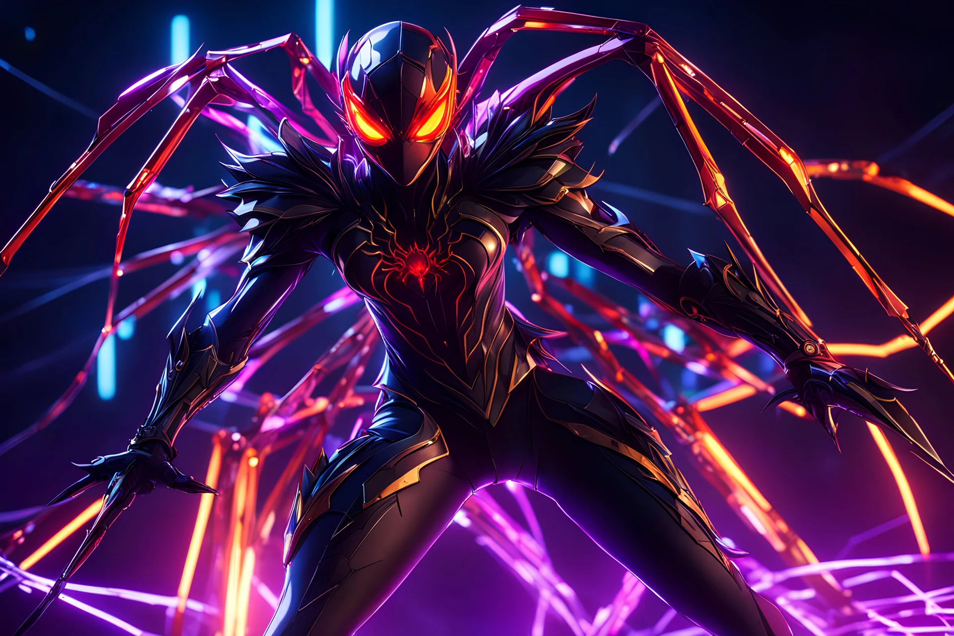 Hot Silk carnage in 8k solo leveling shadow artstyle, spider costum, dynamic pose, oshare kei, hurufiyya, rtx , neon lights, intricate details, highly detailed, high details, detailed portrait, masterpiece,ultra detailed, ultra quality