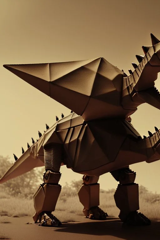 Mecha stegosaurus in sepia tones with a vignette