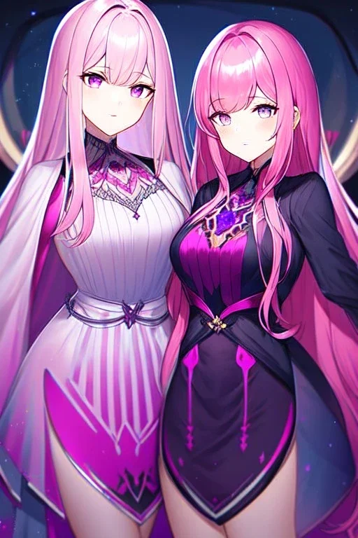 girl, masterpiece, best quality, cinematic lighting, detailed outfit, vibrant colors, perfect eyes, pink hair, long hair, vibrant purple eyes, same twins, same clothes,