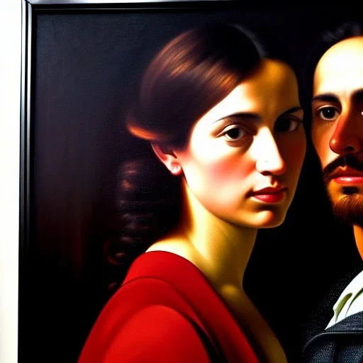 portrait of Jacobo Santiago Mozos born in 1976 and Gemma Arnau Arnau born in 1979,Caravaggio, oil on canvas, cinematic composition, extreme detail,8k,fit full head inside picture,