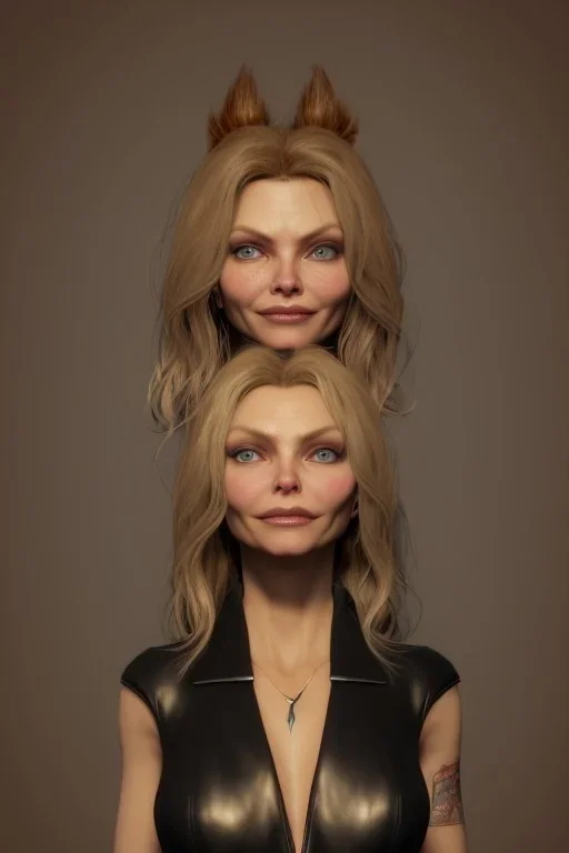 Michelle Pfeiffer in a black leather gown, evil, femme fatale, villain, leather, busty, cleavage, angry, stern look. character design by cory loftis, fenghua zhong, ryohei hase, ismail inceoglu and ruan jia. unreal engine 5, artistic lighting, highly detailed, photorealistic, fantasy