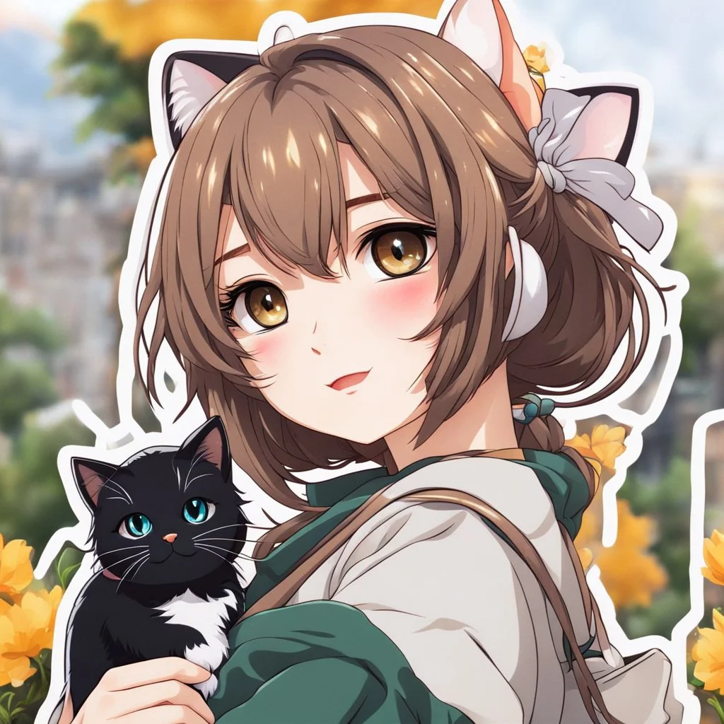 very beautiful sticker like realistic anime girl with cat