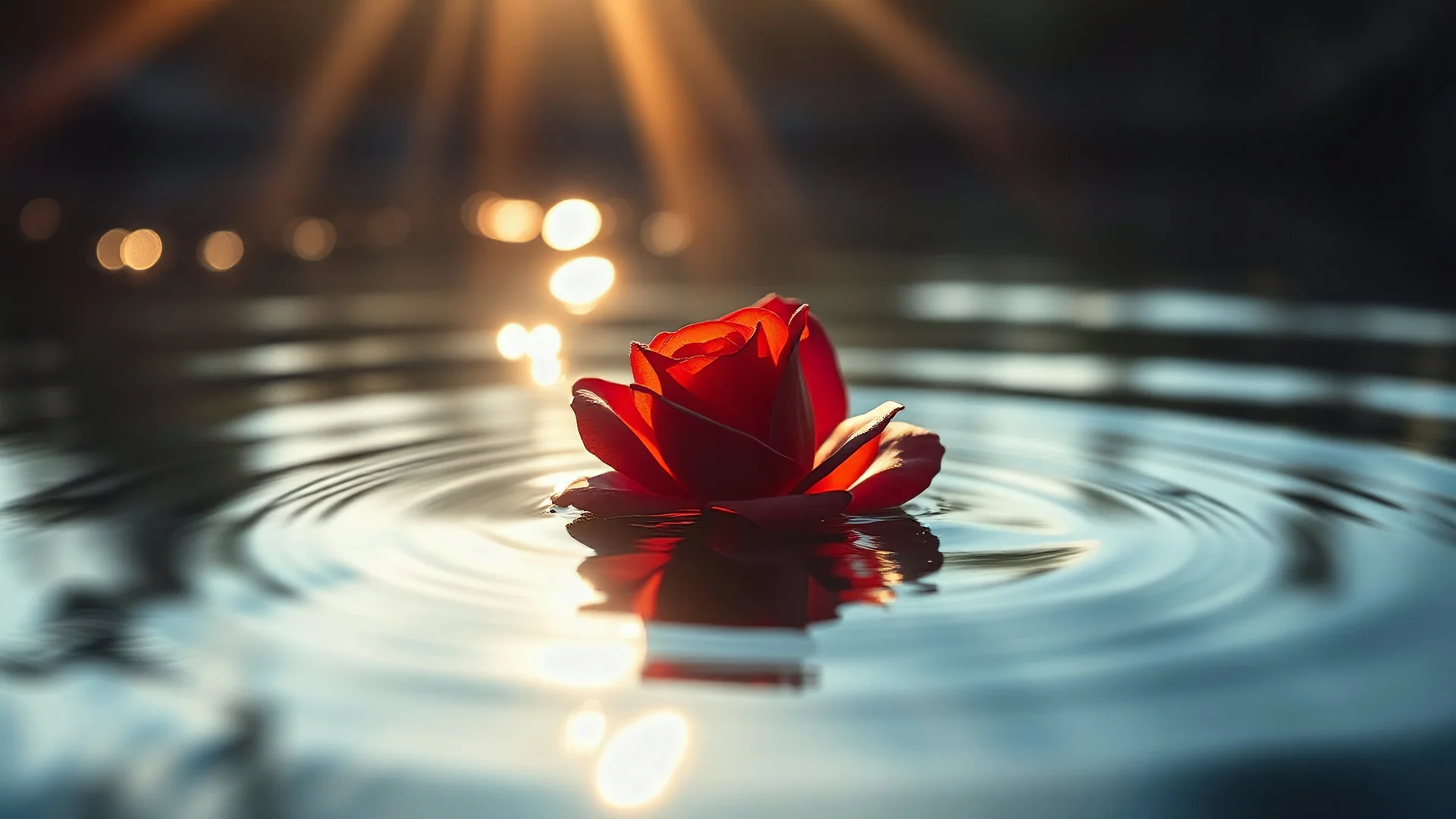 a red rose floating on the water,,8k,rays of sunlight,bokeh,using the Sony Alpha A7R IV,