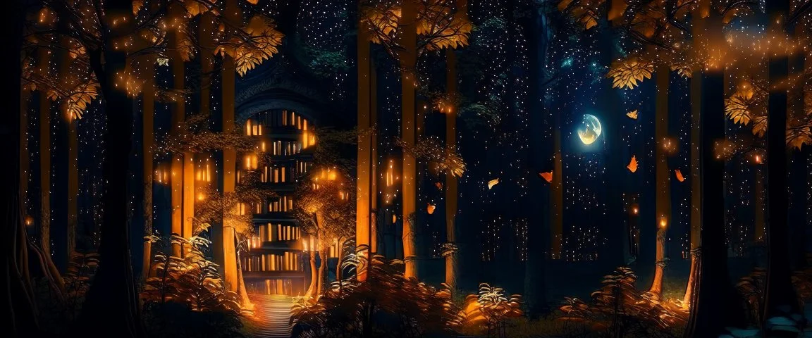 a huge library in forest with fireflies and orange mystic lights around trees that have wide leaves and broad trunked. At night with moon light.