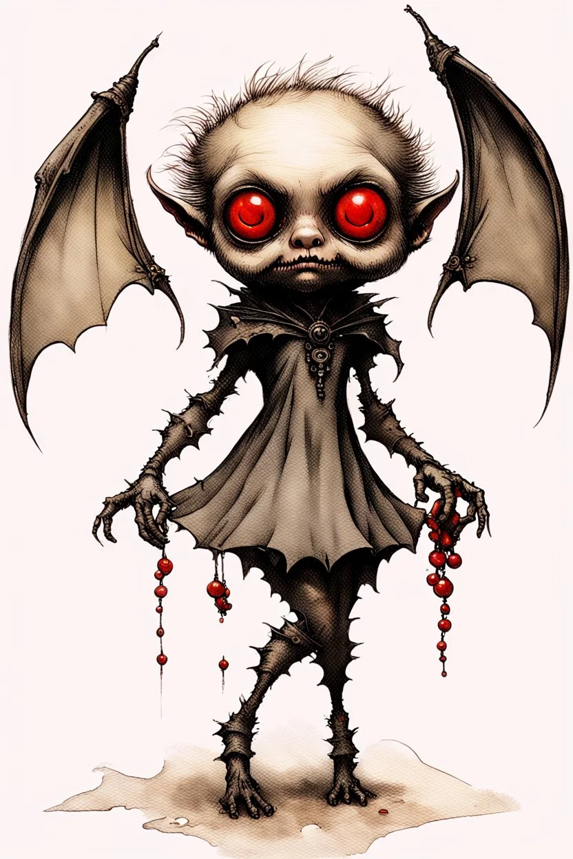 Artist Jean-Baptiste Monge style. A humanoid biomechanical Black bat-flower headed Baby with red eyes and a black and red dress. Modifiers: award winning crisp quality very cute