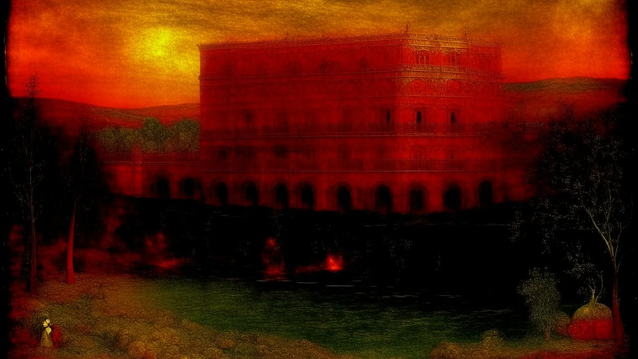 A red palace with fiery crystals designed in Australian aboriginal art painted by Albert Pinkham Ryder