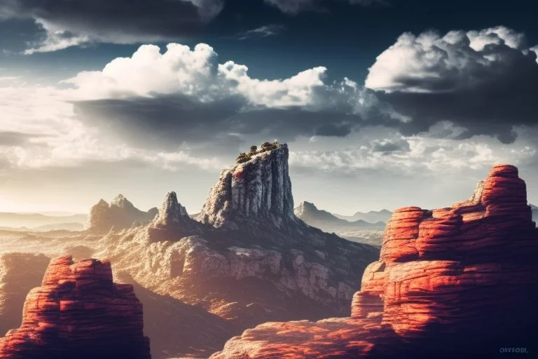 Distant City, rocks foreground, clouds