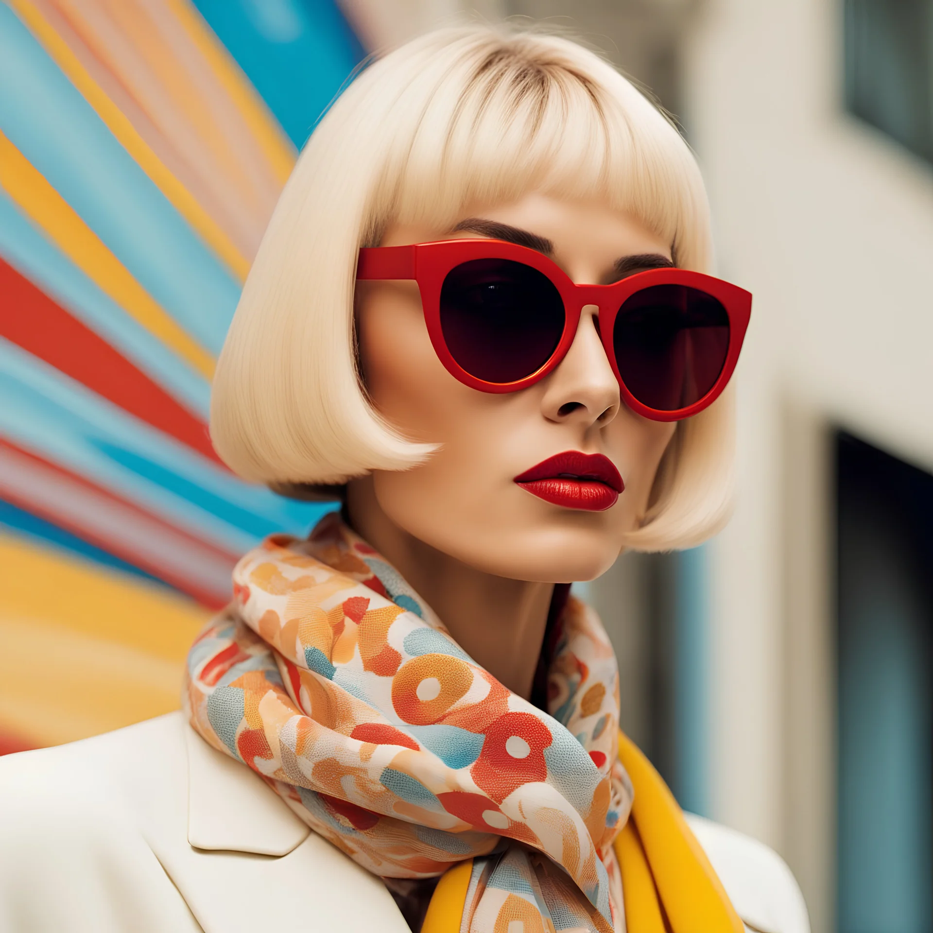 a close up of a woman wearing sunglasses and a scarf, inspired by Bert Stern, trending on cg society, pop art, white french bob hairstyle, professional profile picture, red-yellow colors, blonde and attractive features, deep colour, professional product photography, blond bob haircut, mannequin, professional retouch, warm color clothes, rectangle, glamorous composition, velma, shot with Sony Alpha a9 Il and Sony FE 200-600mm f/5.6-6.3 G OSS lens, natural light, hyper realistic photograph, ultra