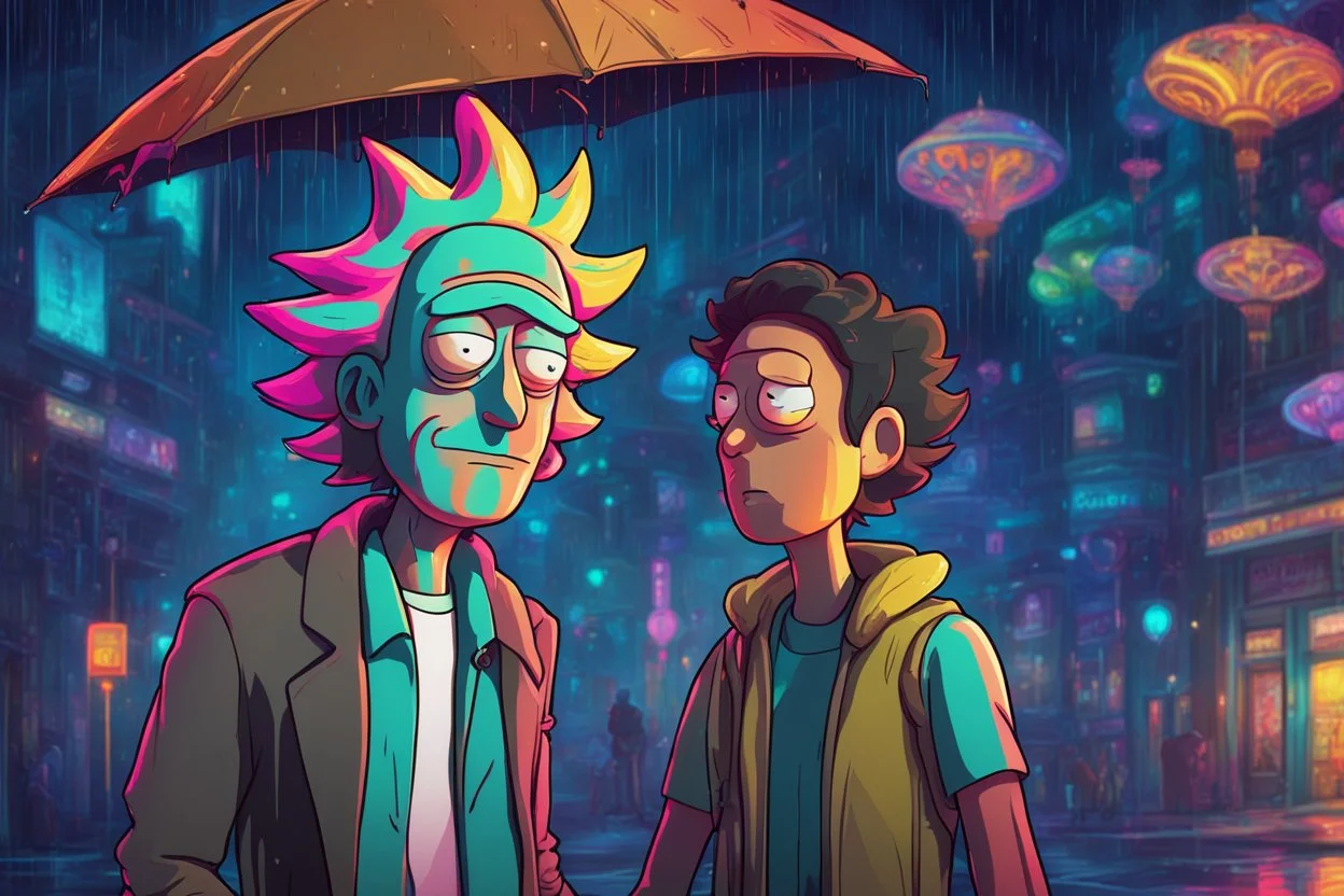 Rick in 8k sci-art style, neon effect, Rick and morty them, close picture, rain, fantasy world, intricate details, highly detailed, high details, detailed portrait, masterpiece,ultra detailed, ultra quality