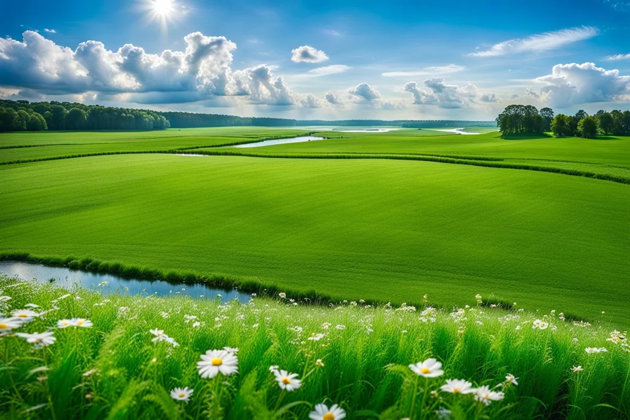 a big dance grass field in country side environment ,green field ,flowers , small river at distance,blue sky pretty clouds ,camera looking at horison