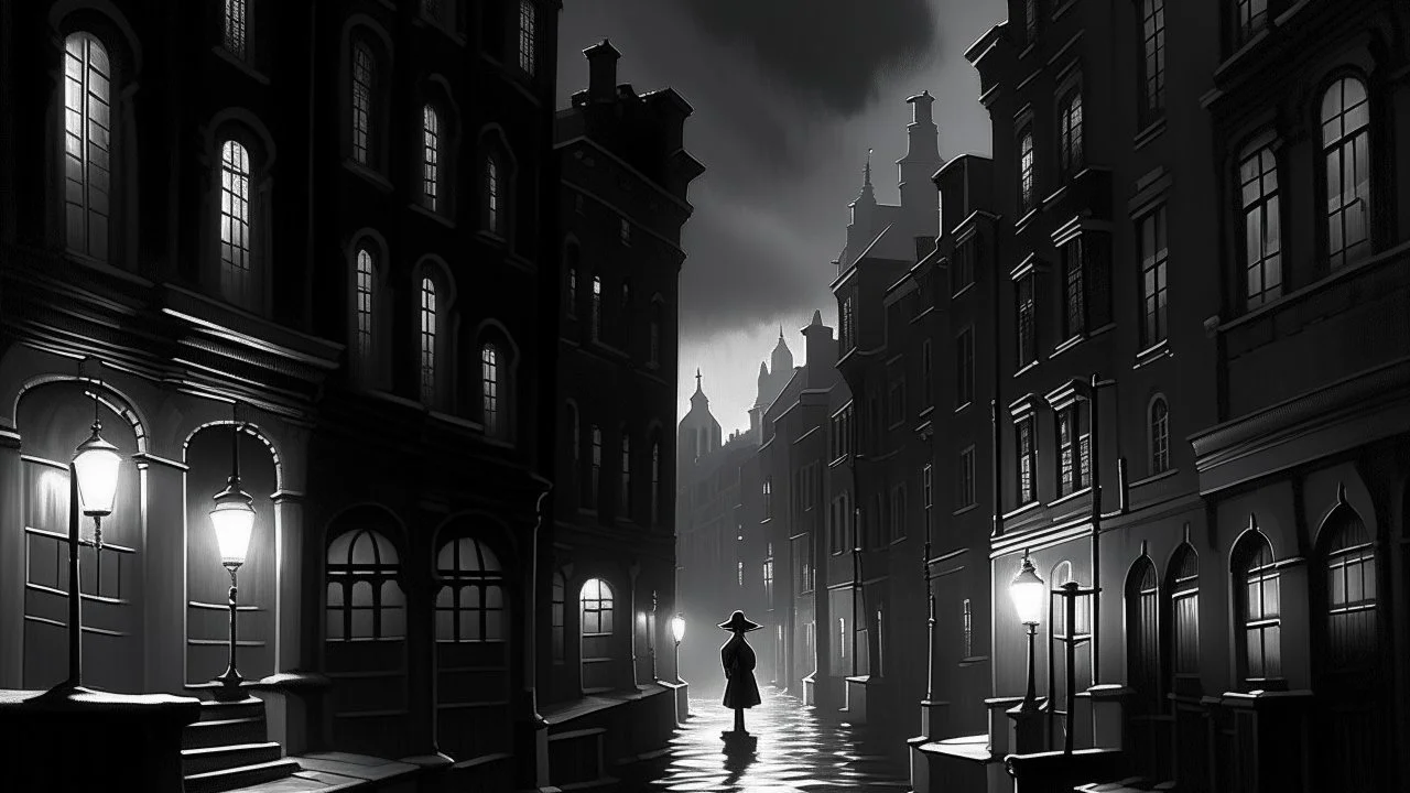 A noir-inspired nightscape unfolds as a mysterious woman, clad in a trench coat, strides down a dimly lit, alley-like street. The towering, Gotham-esque buildings loom overhead, their weathered facades bathed in the eerie glow of streetlights that cast elongated shadows. The tranquil, moonlit atmosphere is punctuated only by the woman's footsteps, as she navigates the deserted urban landscape with purpose.