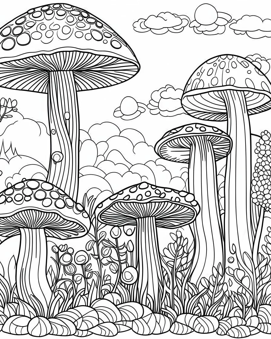 coloring page of mushroom world landscape, use clean lines and leave plenty of white space for coloring, simple line art, clean and minimalistic line