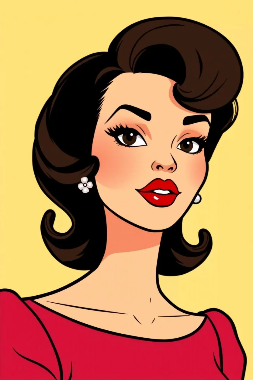1950s cartoon style portrait of a famous beautiful brunette actress looking luxurious with big red lips