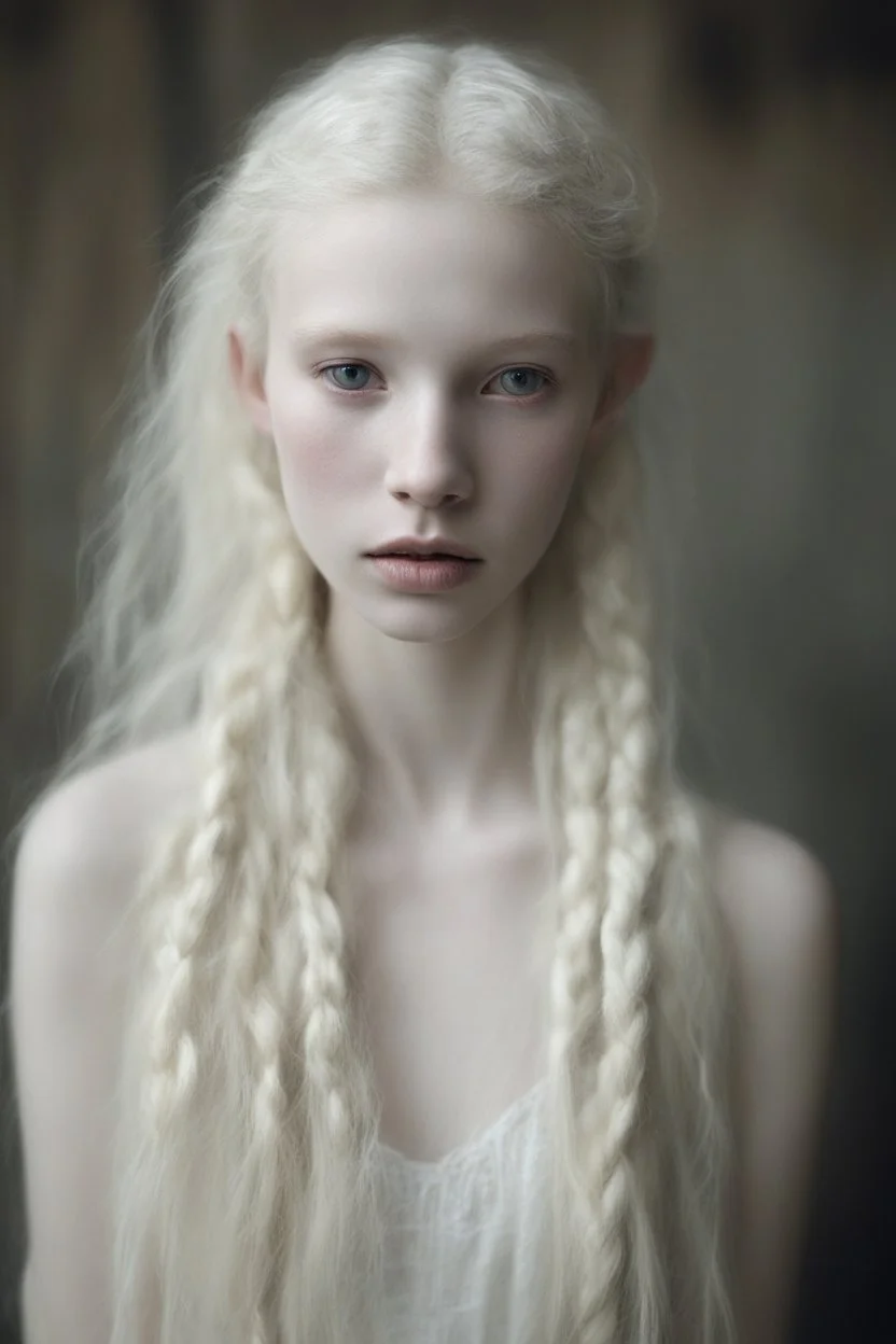 Emotive photographic image - stunningly beautiful, 15 year old albino girl chechen facial features anorexic. sickly, pale skin. blotches on skin. wild, very long, floor length, wavy wispy ghostly white hair in messy braids. ghostly white eyebrows and ghostly white eyelashes. lovely face, sculpted cheeks. beautiful, succulent, pale lips. barefooted. cinematic dynamic masterpiece, hyper realistic film still, beautifully detailed, soft lighting, ethereal, sparkle, beautifully lit, dramatic lighting