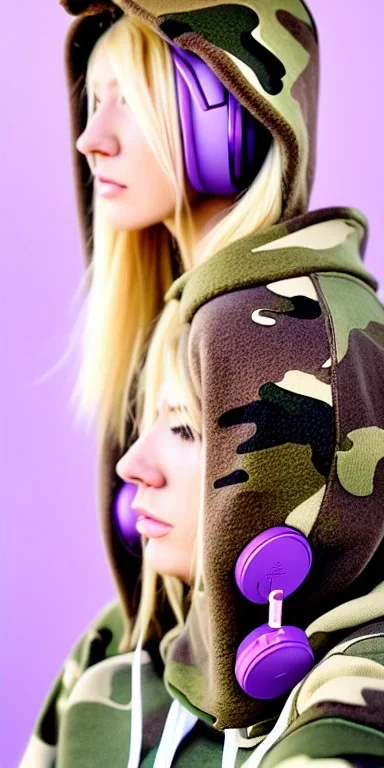 blonde women.Big colored headphones (gold rings!) is merged with small felt cap with visor.thick thighs,thick calves,flat belly,curvy fell. NOVEL kind of hoodie, form which condescends with integrated big flowing bag. It is sewed together of camouflage pieces, whose color are all denim colors,cream, brown, lilac and purple. . Big bright purple felt tippet and birght-colored-hood is merged with colorful beanie. Inside is orange. Style: 1990's California