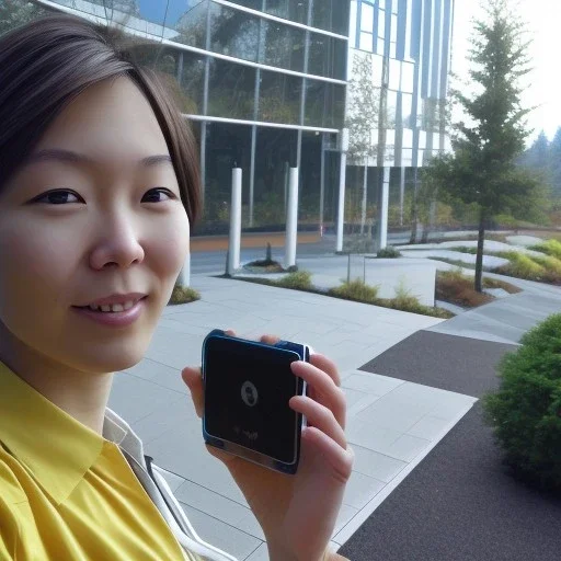 A short haired, Japanese female software engineer from MIT taking a selfie in front of Building 92 at Microsoft in Redmond, Washington