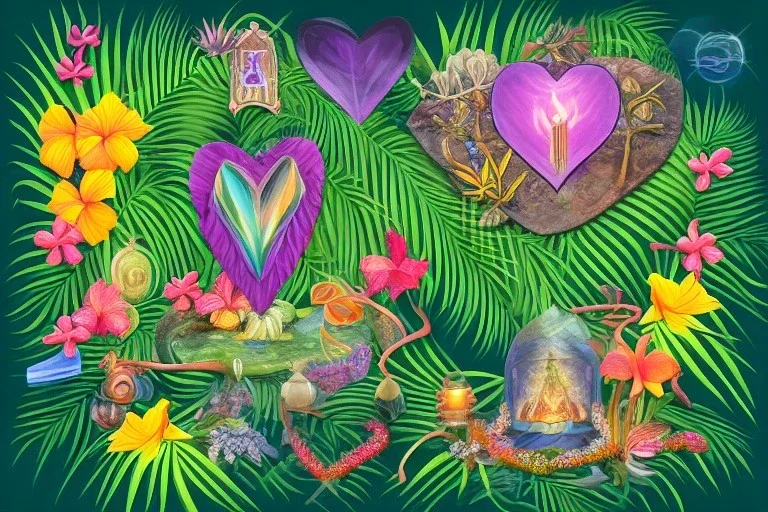  Tropical flowers, heart drawing, crystals, tropical leaves, sacred altar, Fantasy temple, Surreal landscape.