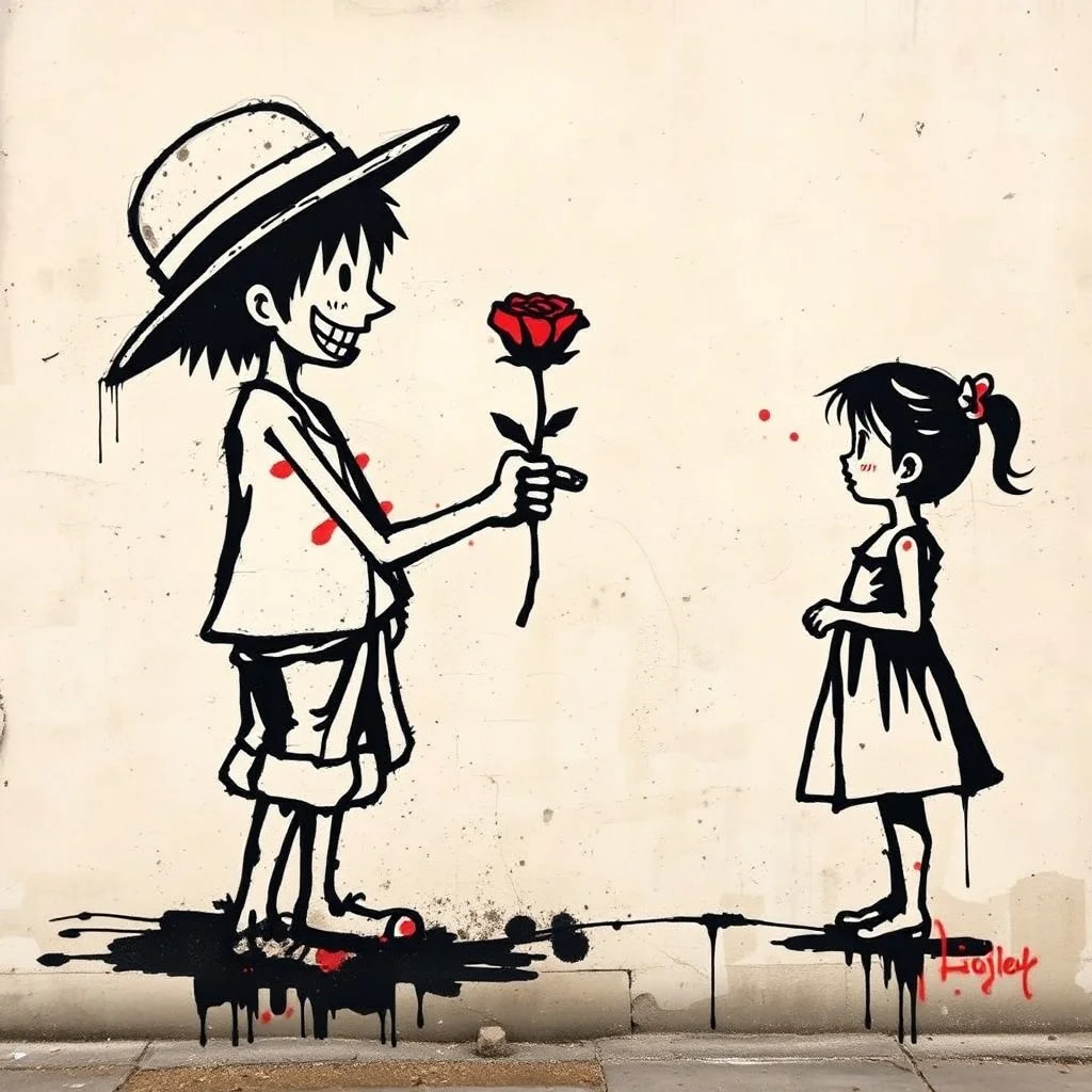 in the style of Banksy, a rough sketch graffiti image of Straw Man Luffy giving a rose to a silhouetted small little girl in a sun dress on a city wall, gritty, street graffiti