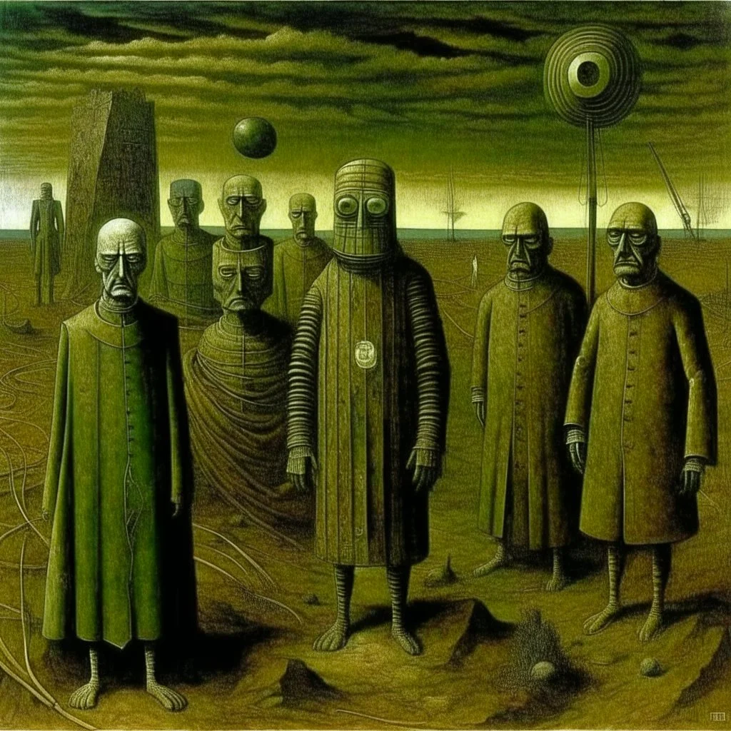 Foto di persone perse in un wasteland, macabro, Max Ernst vision