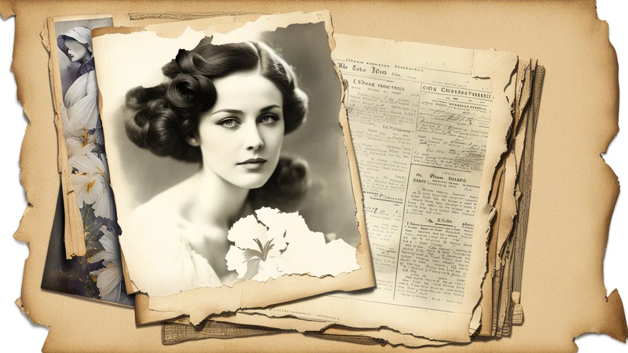 old album, old photograph, torn edges, beautiful woman, irises, torn newspaper, double exposure,