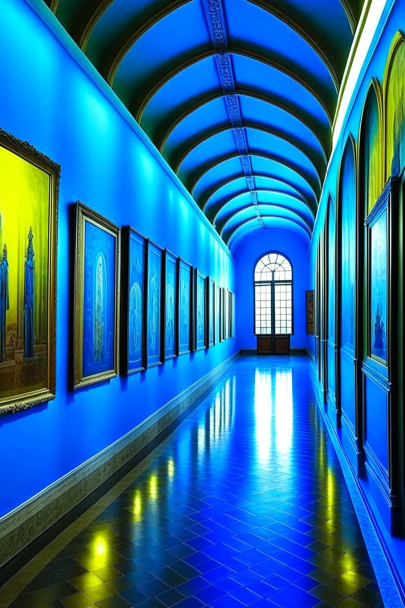 An exhibition of paintings whose walls are in the shape of an oval and made of blue glass and its floor is light with a wall in the middle of the hall to divide it into two parts with a corridor at the beginning and end of the wall and the paintings displayed are old and historical