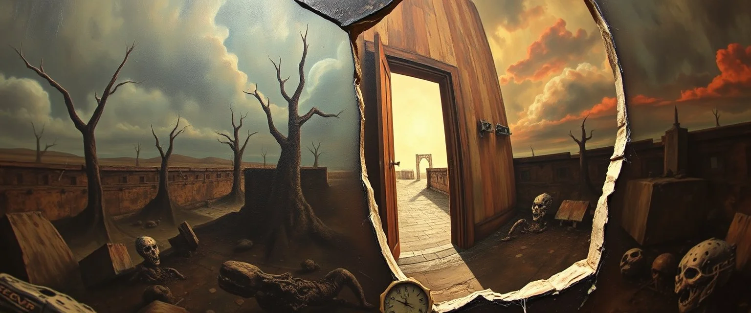 master oil painting by Escher and Giger, sodom in the style of Fallout 4, pinhole cam pic, dimensional door, tear of reality