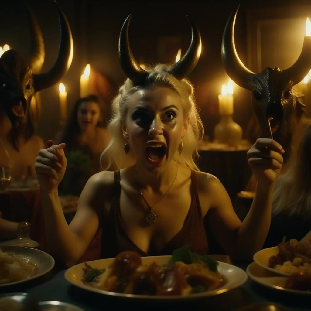 Horror movie shot, spooky, horns, hot, ultra realistic, dine, they enjoy and get excited, ultra realistic hot blonde women, party, pieces of meat, organs, ail, dynamic, very excited people, hypermaximalist figures, light, Italian horror movie, sinister, ornate, 4k, photorealism