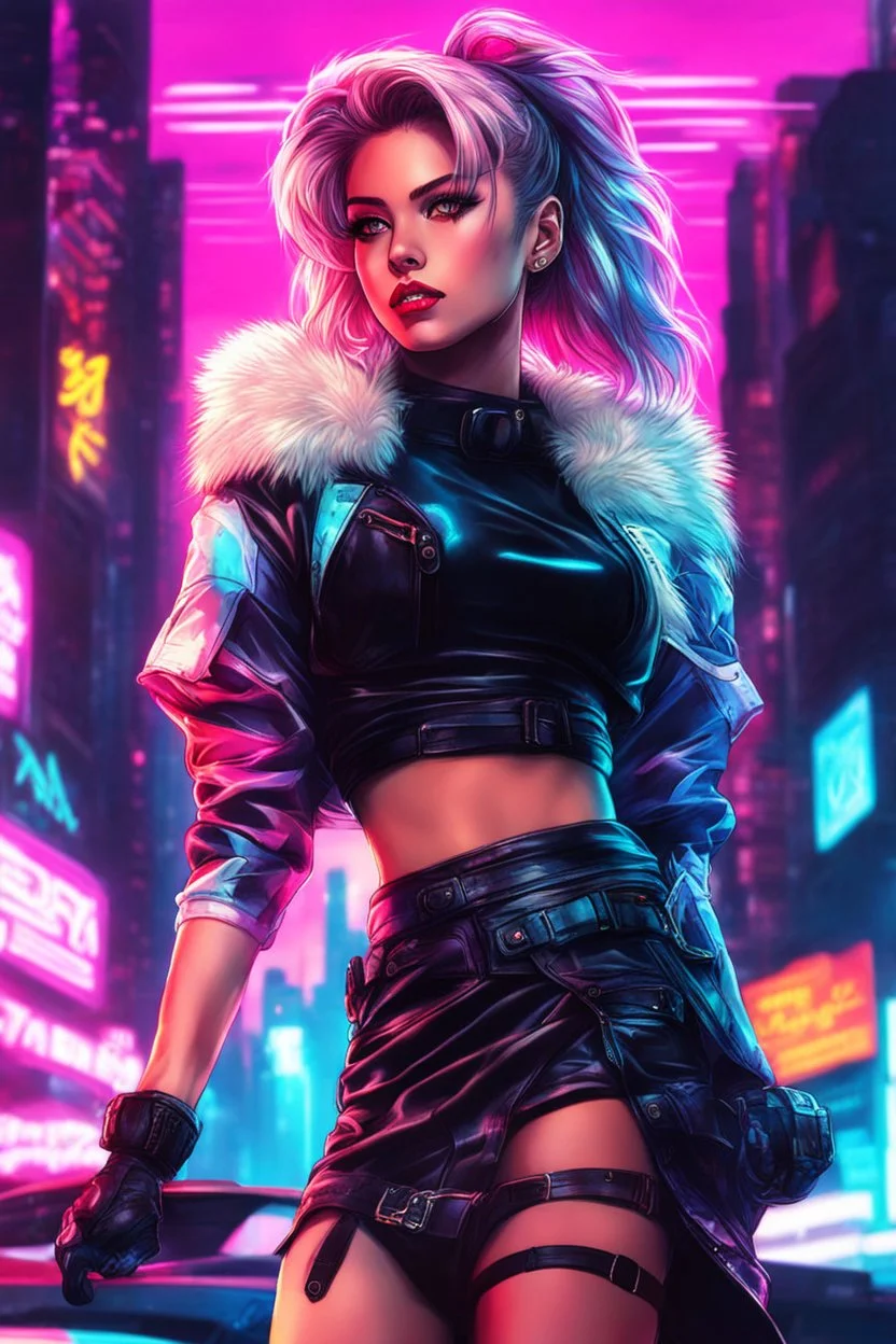 retrowave anime cyberpunk girl, scarlett johanson, furr skirt