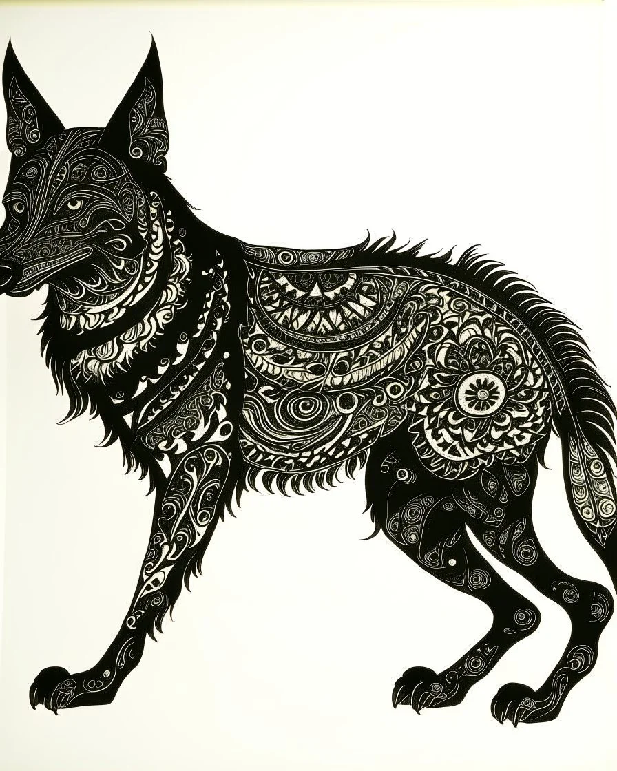 A black shadow elemental wolf designed in Mehndi design painted by MC Escher