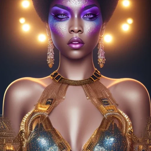 full body shot, masterpiece, best quality, black skinned, sparkling eyes, fluorescent skin,purple-dark makeup, gangsta style , highly detailed body, sun light, 4K, RAW, depth of field, high contrast, realistic details, 24mm