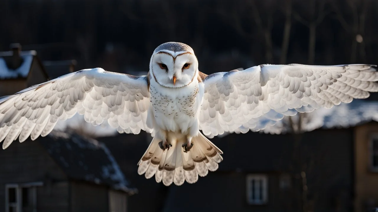 angel's view back to the camera a barn owl fly from the back from the top view flying over a winter small village, snowy landscape, little light, sunrise, some small Hungarian old country houses from above, perspective, high detailed, sharp focuses, photorealistic, cinematic