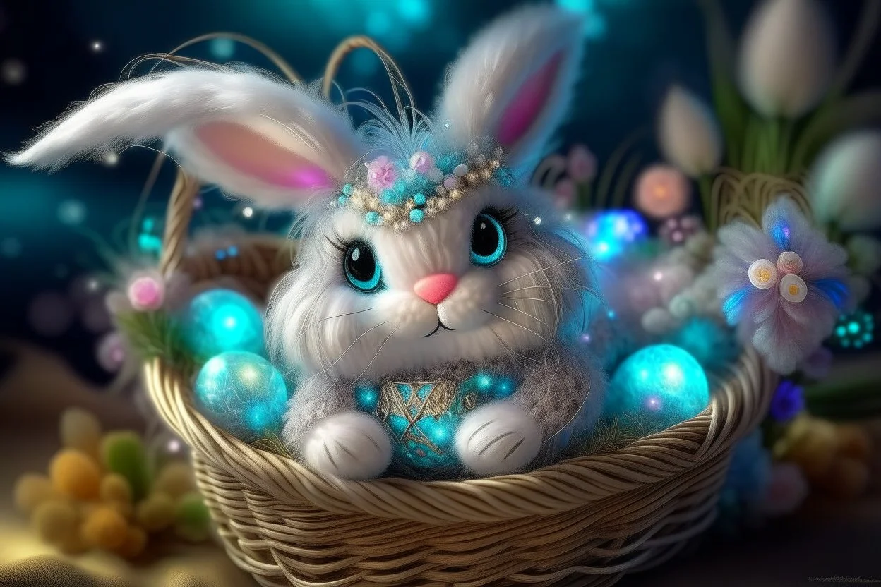 cute chibi plushy fluffy knitted and embroidered natural colored easter bunny in basket, feathers, easter eggs, iridescent flowers incorporated, light emitting, cracked bioluminescent holographic marble background, silver foil, sparkling diamonds, holographic raw pearls, ethereal, cinematic postprocessing