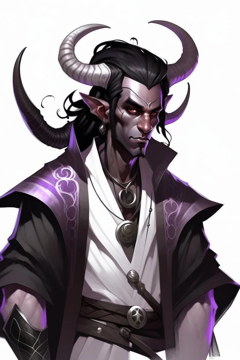 En Young male Black skin black hair tiefling White Wizard with large Black horns with a bit of Purple horns same size going from the front to the back. glowing Silver and White symbols Why don't Silver clothes