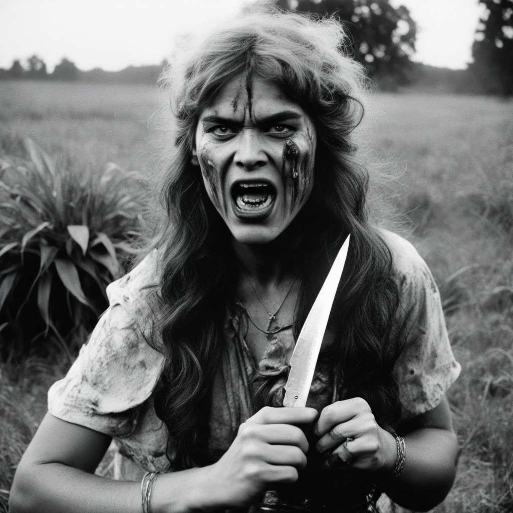 [vintage style noisy scratches glitches, Shot the texture and then rewound the film and double exposed the face] 1970s angry Hippie warrior woman with a knife gripped tightly in her hands fighting Alien liquid saliva monster. Face to face: Its drooly, drooling head looms dangerously close to her pretty face, dripping with acidic saliva. the world emits eerie, otherworldly sounds that reverberate through the liquid landscape.