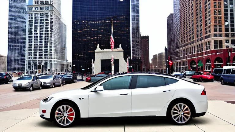A Tesla's 'Model S Plaid' is parked, on the Navy Pier, in Chicago. CINEMATIC. WIDE ANGLE LENS. PHOTO REAL.