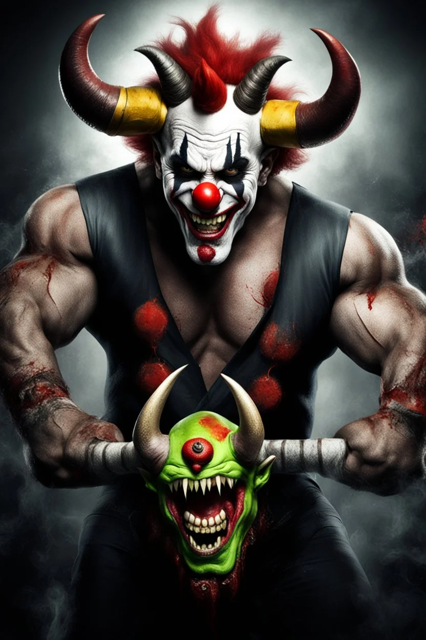 big demon, horns and big arms, wit a clown face painted, terroriffic