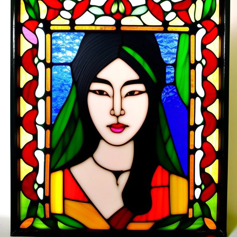 Art Noveau style, stained glass frame, my beautiful asian princess naturist model wife