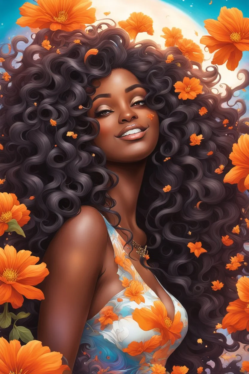 vibrant psychedelic analytic image, airbrush, 8k, cartoon art image of a black curvy female looking to the side smiling with a large mane of curly ombre hair flowing through the wind, prominent makeup with hazel eyes, highly detailed hair, background orange and white flowers surrounding her, dystopian