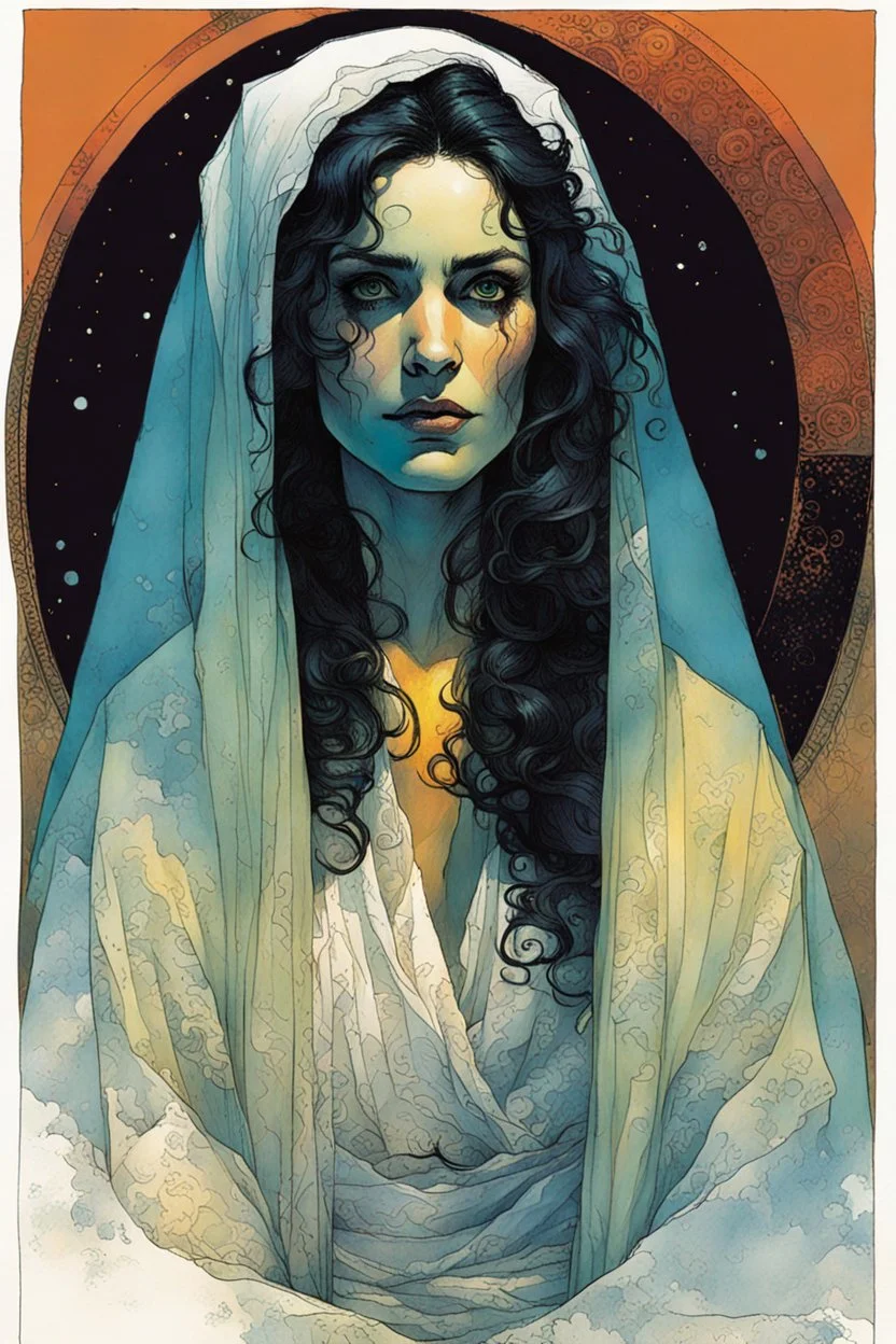 create an imaginative drawing of the pale translucent ghost of an ancient Romanian female gypsy fortuneteller, clothed in tattered and ragged traditional dress, with finely detailed hair and feminine facial features, in the comic book art style of Bill Sienkiewicz, Mike Mignola, and Jean Giraud Moebius, finely textured, drawn, colored, and inked, suffused with seething ethereal shadows