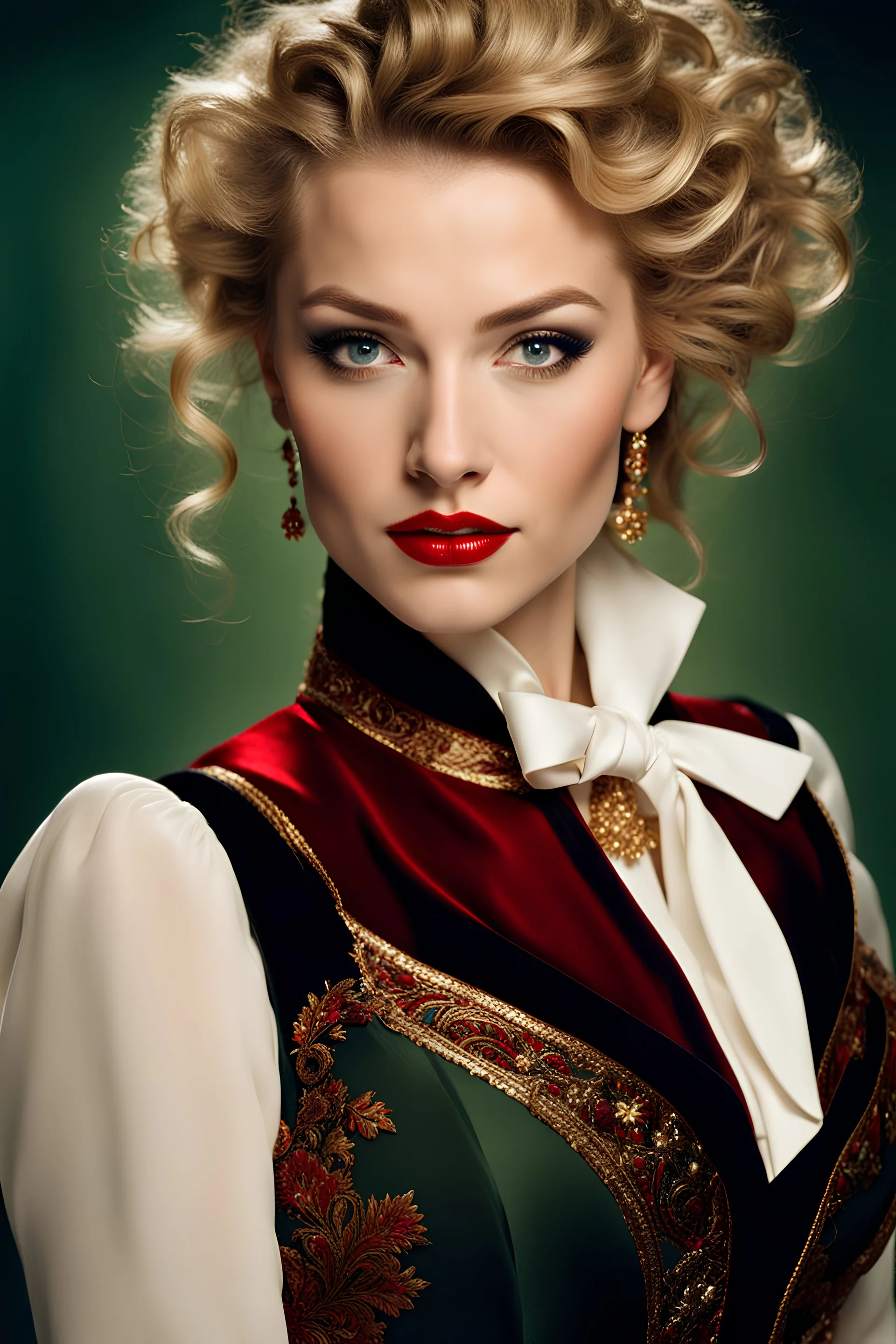 Hollywood photo Rembrandt perfect green eyes, bright red lips, blonde hair, front face, front look, full pose, fantastic face, Caucasian, beautiful look, detailed elegant gold and red dress, Victorian black formal dress, elegant hair up, indigo tones background, ultra focus, illuminated face, detailed face, 8k resolution, sharp focus, studio photo, intricate details, highly detailed