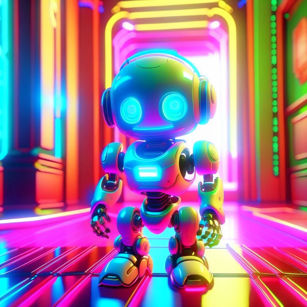 joyful blessed cute holy chat robot in neon hall, 8k, down-light, soft light, depth of field, photo realism, trending on art station, high detail