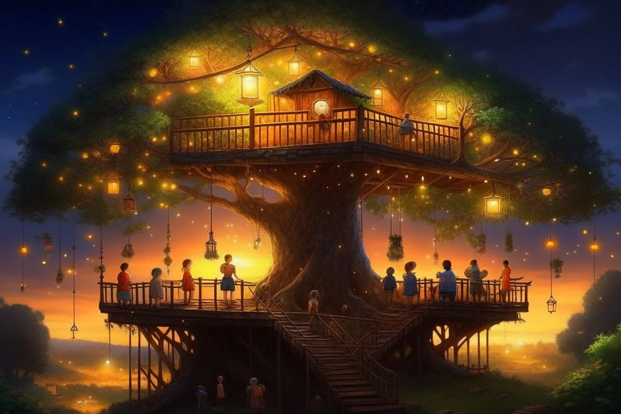 The tree of Heavens, huge tree floating heaven, warm and cozy, many huts on the tree, people, huge railing, firelights, blossoms, christmas decorations, fireflies, beautiful, Serene, Warm place