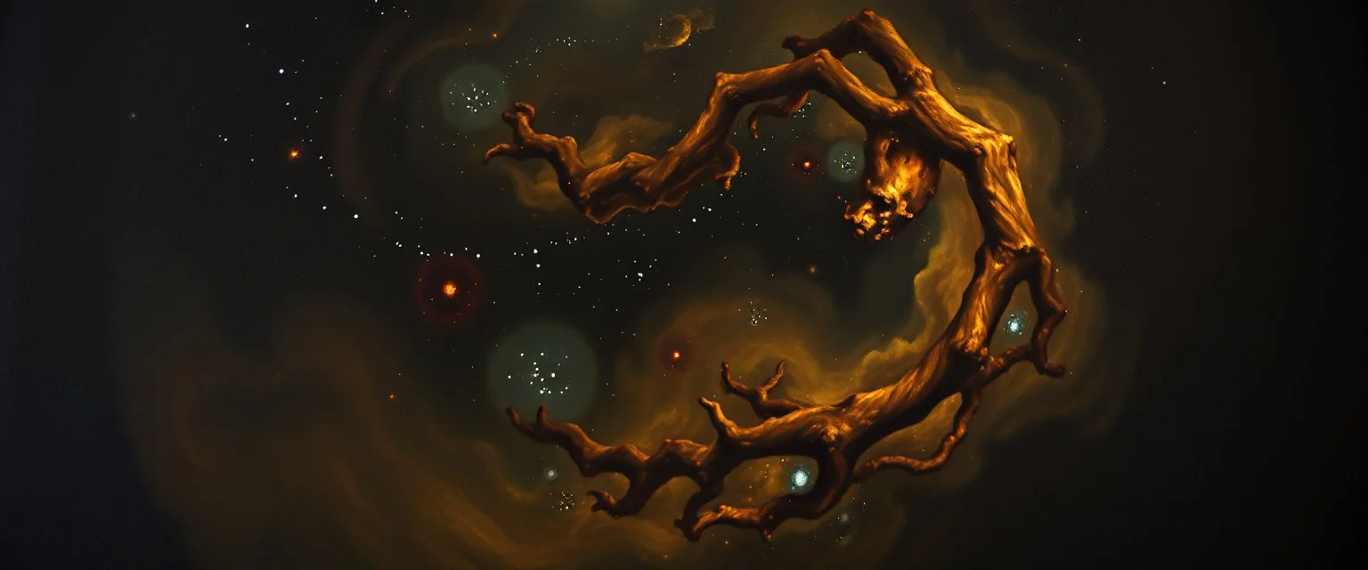 pin hole cam, master oil painting by Rembrandt, [Storyteller echoes:] "Swallowed by the night..." Is this the fate of all who dare to see— To lose themselves in vast infinity? Then let me be the Fool upon the stage And write my lines upon this cosmic page!