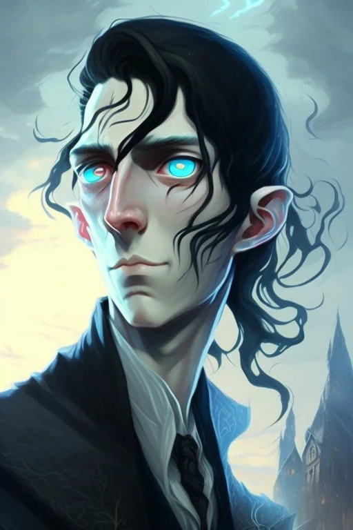 young black haired blue eyed wizard in the style of lovecraft