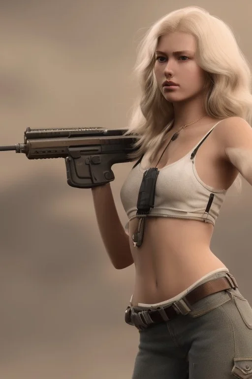 blonde woman with gun, photo realistic, highly detailed, high contrast, extremely sharp detail