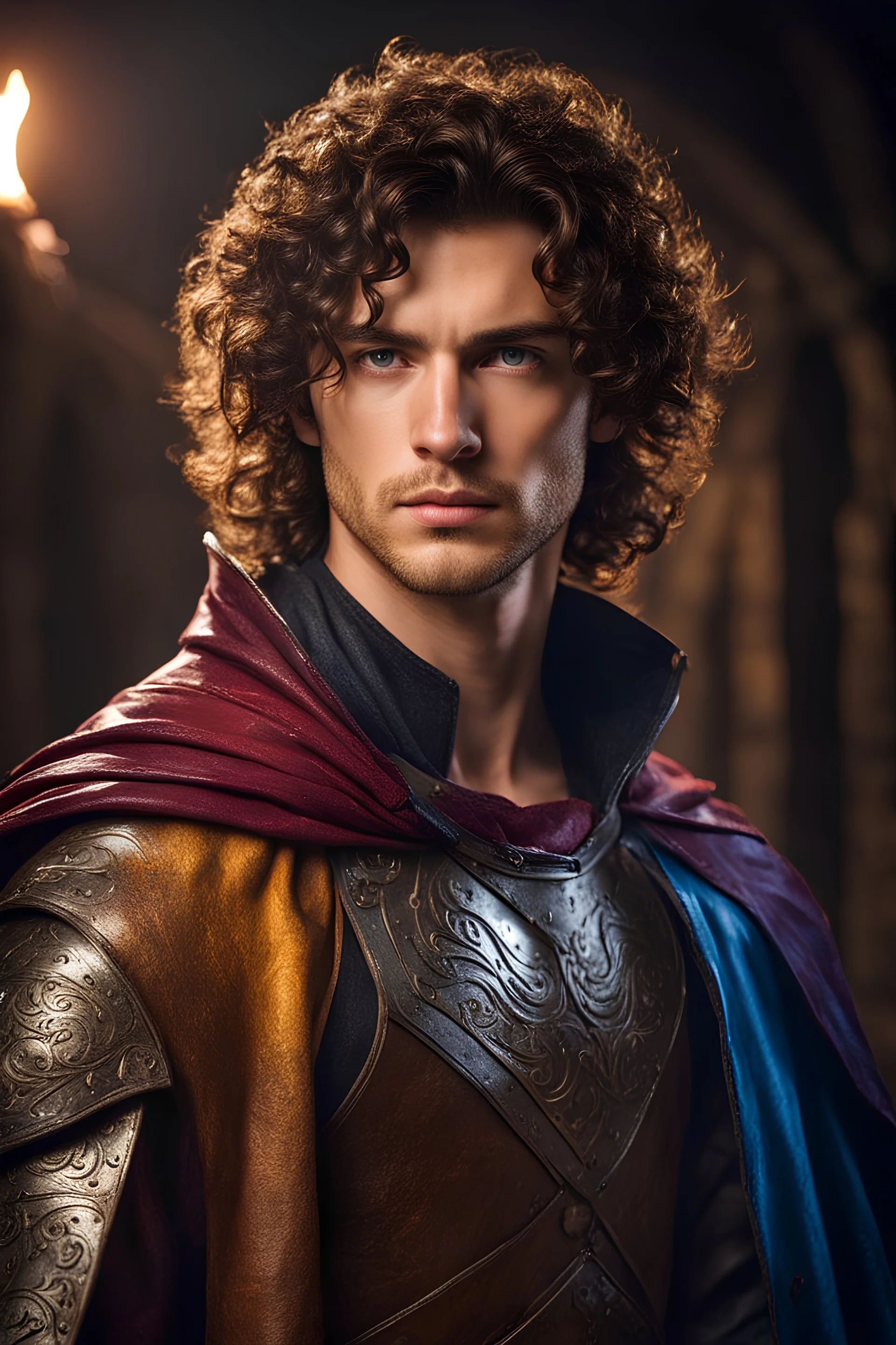 portrait of a young male fighter, medium messy curly brown hair, after shaving, dressed in a leather armor with a colorful cloak , standing in a dungeon, dark brown eyes, realistic, dim torch lighting, cinematic lighting, highly detailed face, very high resolution, looking at the camera, centered